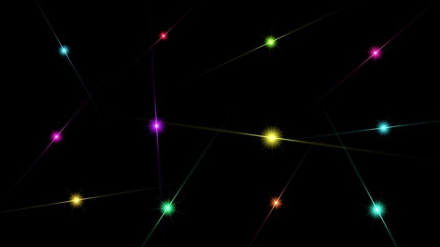 Colorful laser beam lights flashing and flickering on black background in animated night club visual video