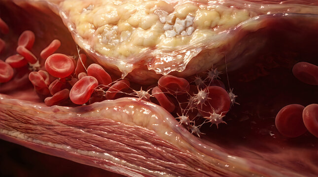 Detailed microscopic view of plaque buildup and platelets adhering to a damaged blood vessel wall in atherosclerosis