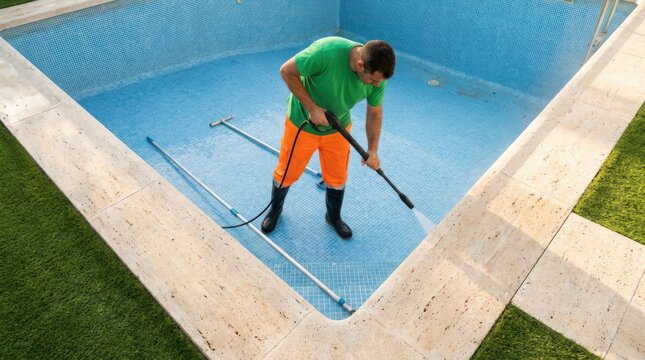 Worker wearing bright orange pants and green shirt uses high pressure washer cleaning dirty tiled pool interior.