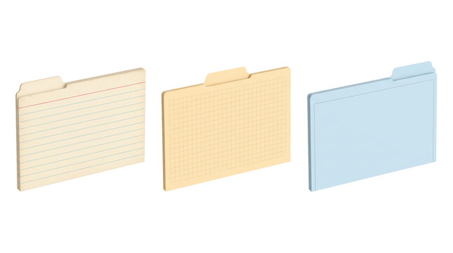 Three isolated file folders in cream with horizontal lines, yellow with grid pattern, and light blue with a blank surface, 3D render
