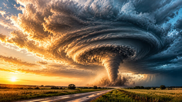 Massive supercell tornado swirling over an open highway during a dramatic sunset.