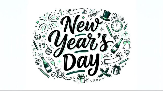  New Year's Day hand drawn lettering illustration with festive holiday elements doodles
