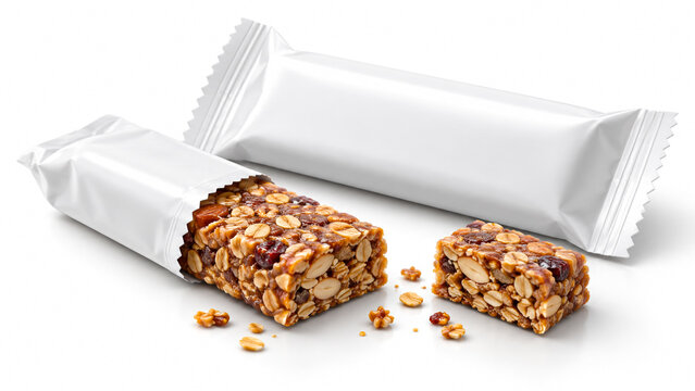 Granola bar with nuts and dried fruit unwrapped from white foil packaging isolated on white background.