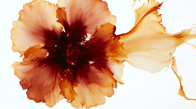 Watercolor pigment blooms radiate outward from several dark burgundy centers into pale rust and golden edges, creating organic flower-like shapes without depicting recognizable blossoms