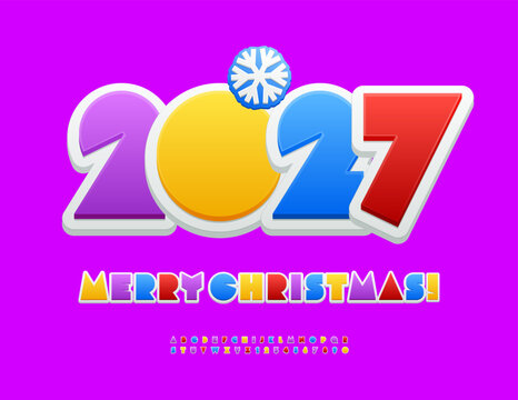 Vector Colorful Greeting Card Merry Christmas 2027! Funny Kids Font. Children set of Bright Alphabet Letters and Numbers.
