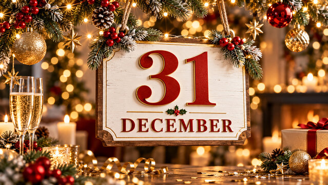 Hanging sign showing thirty first december for new year eve celebration with champagne glasses.