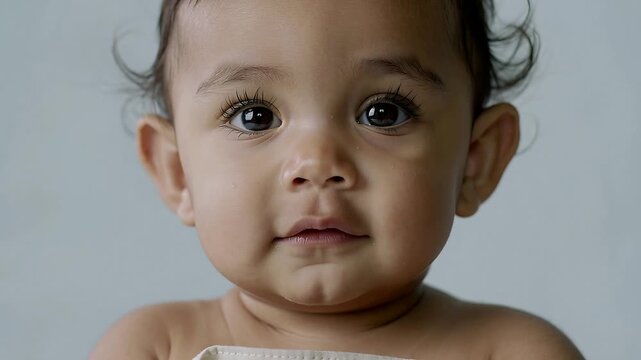 Smiling infant responding to camera recording in studio, shifting head and opening mouth, with bib