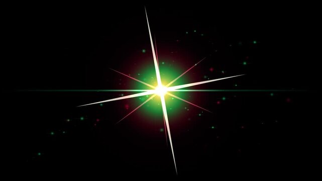 Bright glowing star light flare flashing on a dark background with green and red ambient particle sparks