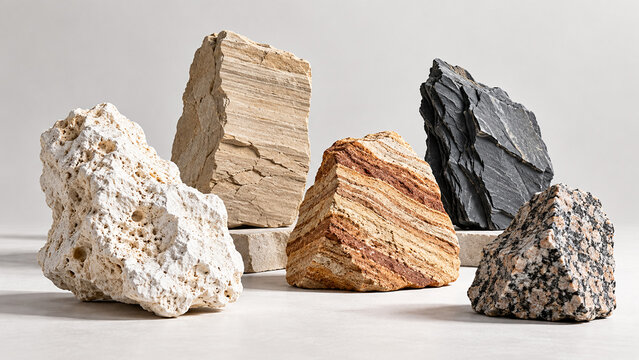 Collection of diverse natural stone blocks and mineral rocks displayed on white background.