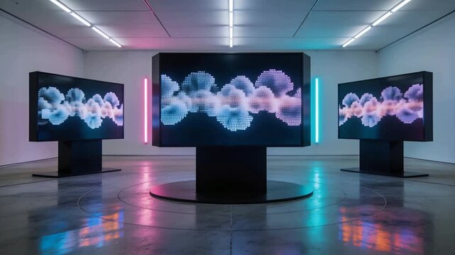 Starting animation, central monitor pulsing pixel clouds across gallery, lighting magenta cyan bars
