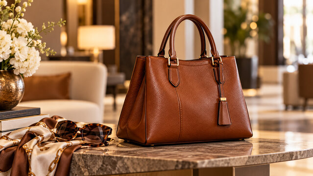Elegant brown leather handbag with sunglasses and silk scarf in a luxury lounge.