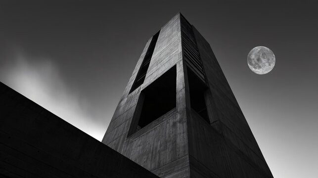 A brutalist concrete tower is viewed from directly below while a bright moon occupies the empty sky beside it, creating an austere geometric composition of hard edges and atmospheric cloud