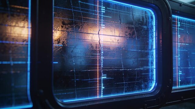 Sliding camera revealing wet-streaked screen in cockpit showing pulsing amber column and neon rim