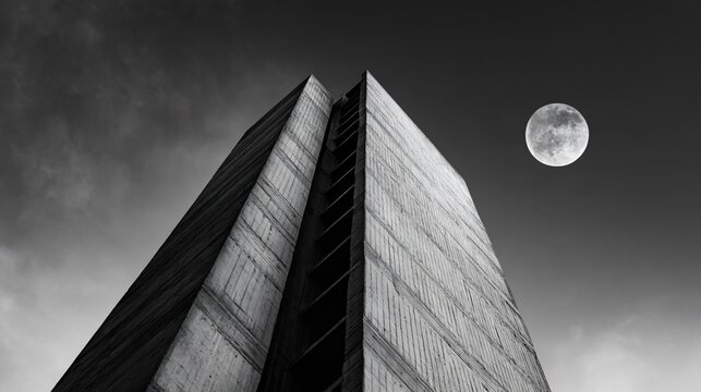 A brutalist concrete tower is viewed from directly below while a bright moon occupies the empty sky beside it, creating an austere geometric composition of hard edges and atmospheric cloud