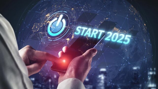 Start 2025 concept with futuristic power button symbolizing fresh beginnings, innovation, and digital transformation. Start 2025, new goals, and start 2025 initiative. Muxer
