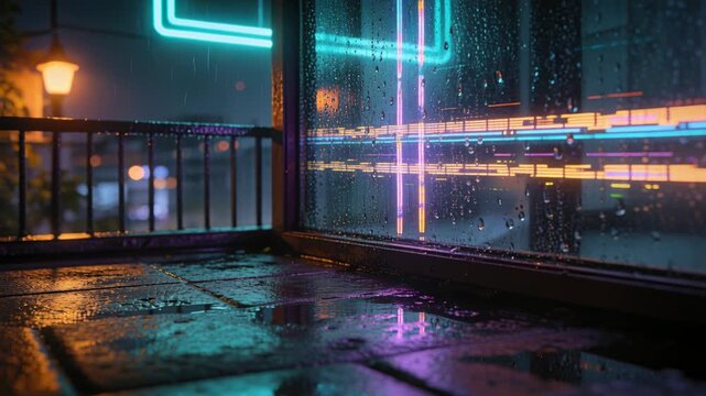 Rainwater running along hairline crack widening vertical slit in glass pane on wet balcony