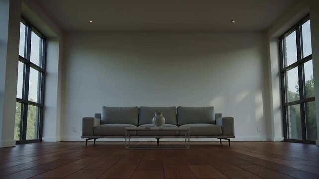 Pulling back camera showing centered 3-seat sofa and vase in living room, revealing window shadows