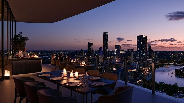 Rooftop restaurant dining with brisbane cityscape at sunset