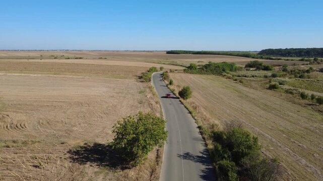 Car Traveling on Asphalt Road Crossing Cultivated Farmland Drone Shot. Drone View Car Driving on Road Through Cultivated Fields.