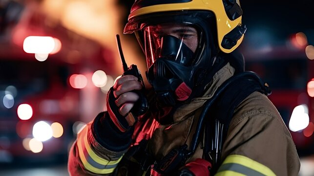 Firefighter communicating on walkie talkie during emergency response