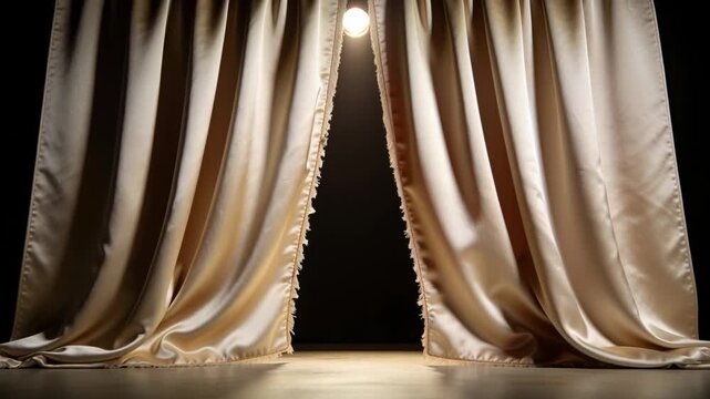Parting gold satin curtains with frayed hems revealing dark gap on wooden floor