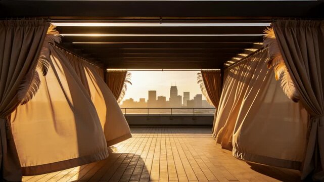 Swaying pergola curtains in light breeze, revealing wooden deck on rooftop, golden rim-lighting