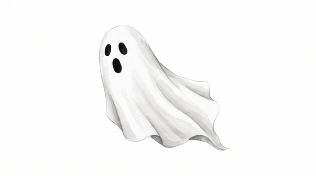 White sheet ghost with black hollow eyes and open mouth floating in the air