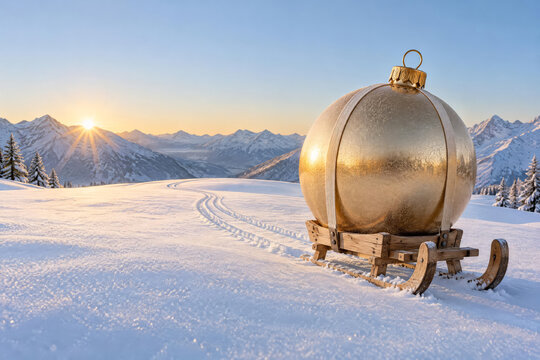 Giant Gold Christmas Ornament on Miniature Sled After Mountain Delivery