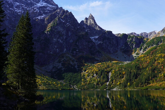 A view of Lake Morskie Oko in the High Tatras in autumn.