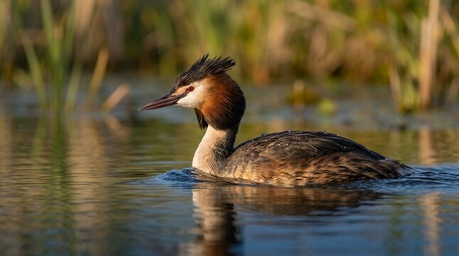 Close up wildlife portraita great crested grebe water bird swimming calmly on peaceful freshwater lake surface with vibrant plumage elegant head crest and soft natural wetland background light