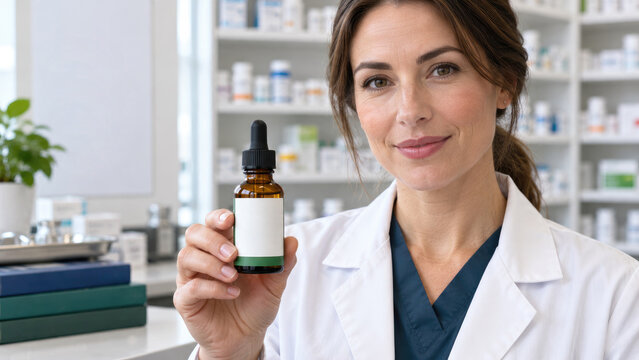 Pharmacist in lab coat holding an amber dropper bottle with blank label in a bright pharmacy setting