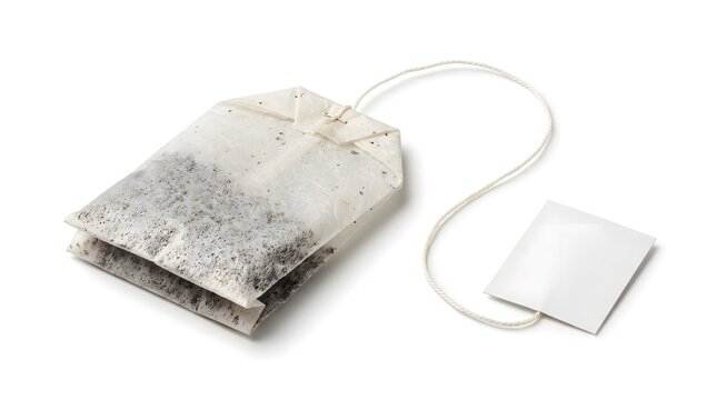 Used tea bag with string and label isolated