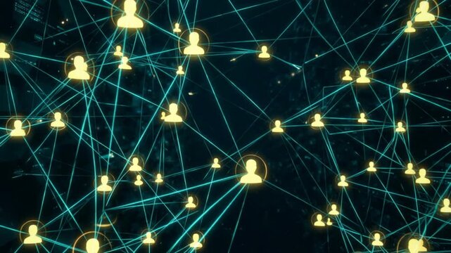Futuristic plexus network unites bright profile icons across dark cyberspace. Flowing digital connections demonstrate modern team collaboration and secure global telecommunication systems.