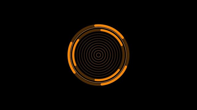 Orange digital circular radar scanner interface on black background amber glowing concentric circles and hud loader element animating against dark space technology futuristic