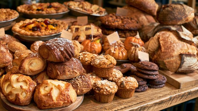 A crowded neighborhood bakery counter displays apple turnovers, spiced buns, pumpkin muffins, chocolate cookies, fruit pies, and crusty bread in an authentic abundant morning scene