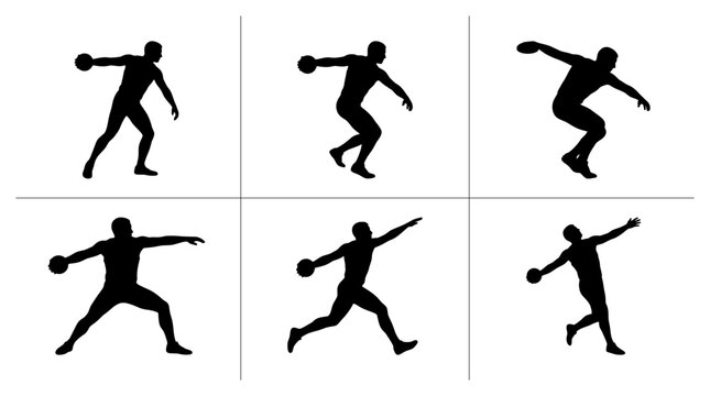 Discus thrower silhouettes set with athletes in action poses for sports and competition