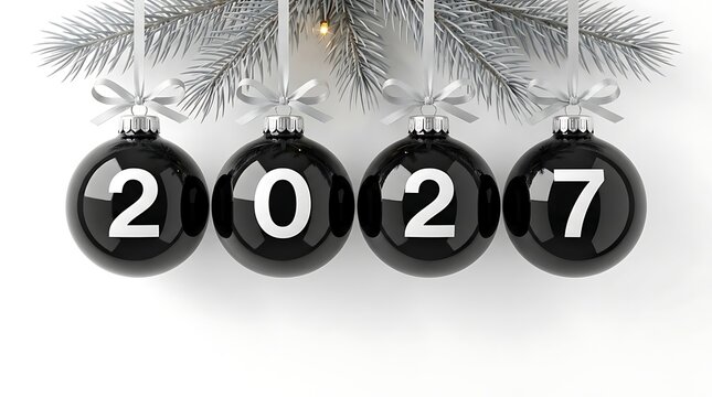 Four black glossy Christmas ornaments with silver ribbons hang from a pine branch, displaying the year 2027.