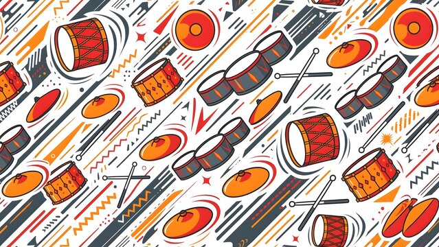 Lively drum pattern with orange and red drums, gray quad toms, cymbals and drumsticks with diagonal stripes on white background