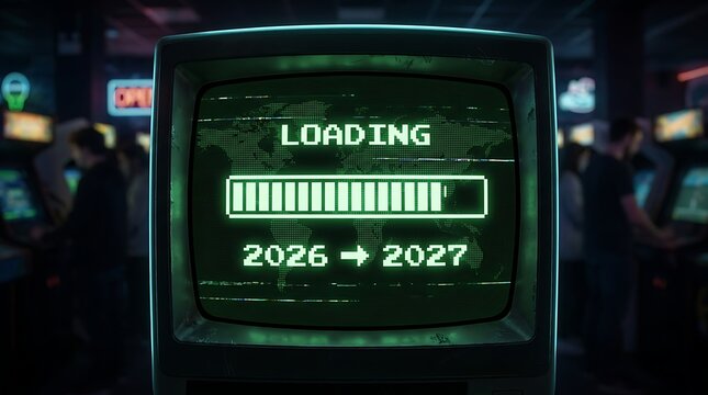 Retro arcade television screen displaying green digital loading bar moving from year 2026 to 2027 over world map backdrop in dark neon gaming room environment.