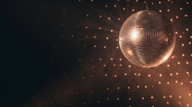 Disco ball with light reflections on dark background with copy space