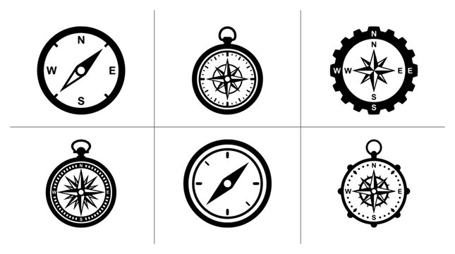Compass silhouettes set with navigation tools and direction pointers for travel