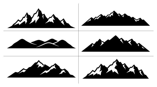 Mountain range silhouettes set with peaks and ridges for travel logos and signage