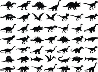 Dinosaur vector silhouette mega set with jurassic animal icons isolated on white background © UK