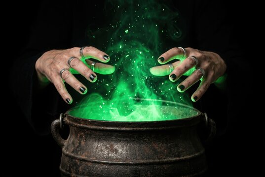 Witch's hands over a cauldron with a magic potion in a dark room. Witch casting spells on Halloween night