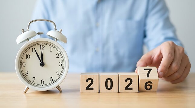 Person's hand changing number 6 to 7 on wooden blocks displaying 2026 and moving towards 2027 next to an alarm clock symbolizing time change and new year planning.