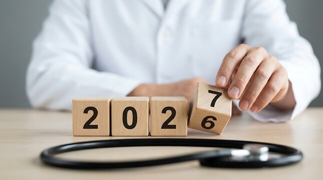 Doctor's hand changing number 6 to 7 on wooden blocks displaying 2026 and moving towards 2027 with stethoscope symbolizing healthcare progress and new year goals.