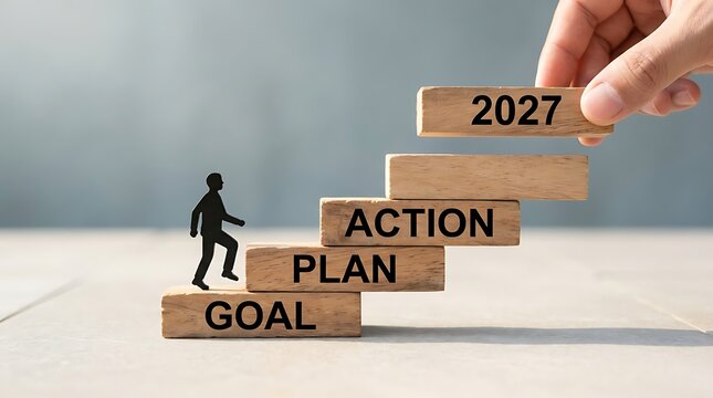 Silhouette of a person walking up stairs made of wooden blocks labeled goal, plan, action, and 2027, representing career progression and future success.