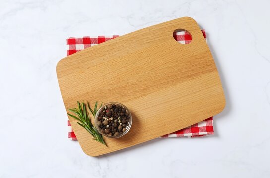 Wooden cutting board, herbs, spices and checkered towel on marble background, top view