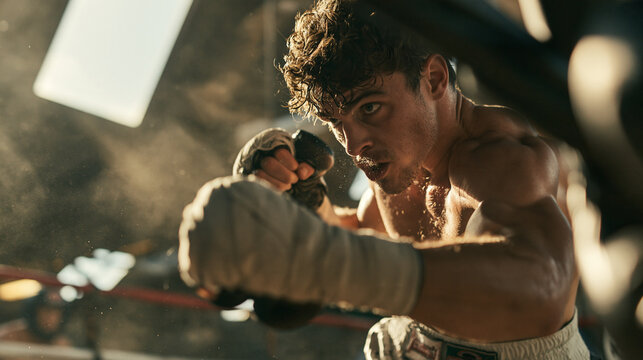 Determined Boxer Training with Hand Wraps in Boxing Ring