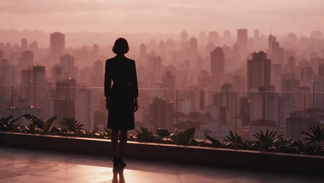 Businesswoman Standing on Rooftop Balcony Overlooking City Skyline
